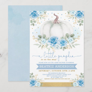 Elegant Pumpkin Blue Floral Roses Fall Baby Shower Invitation