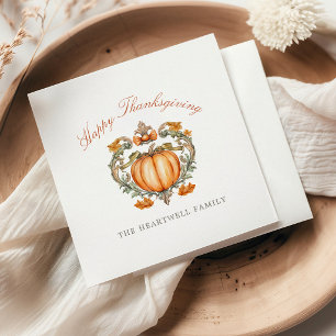 Elegant Pumpkin Crest Script Happy Thanksgiving Napkin