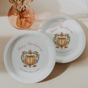 Elegant Pumpkin Crest Script Happy Thanksgiving Paper Plate