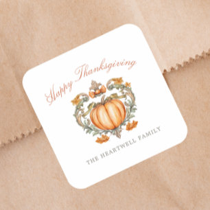 Elegant Pumpkin Crest Script Happy Thanksgiving Square Sticker
