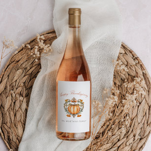 Elegant Pumpkin Crest Script Happy Thanksgiving Wine Label