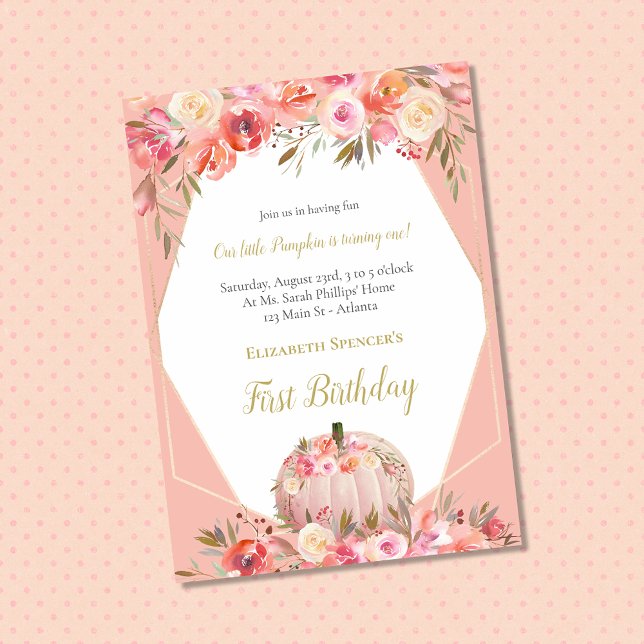 Elegant Pumpkin First Birthday Rose Gold Invitation (Creator Uploaded)
