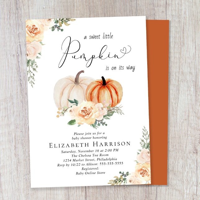 Elegant Pumpkin Floral Watercolor Baby Shower Invitation (Celebrate the upcoming arrival of your sweet little autumn baby with a pumpkin-themed baby shower)