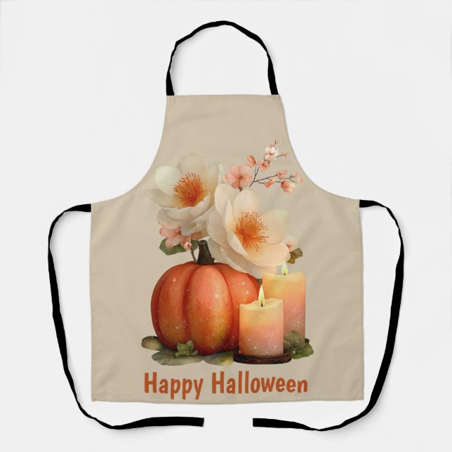 Elegant Pumpkin & Flowers Halloween Apron (Front)