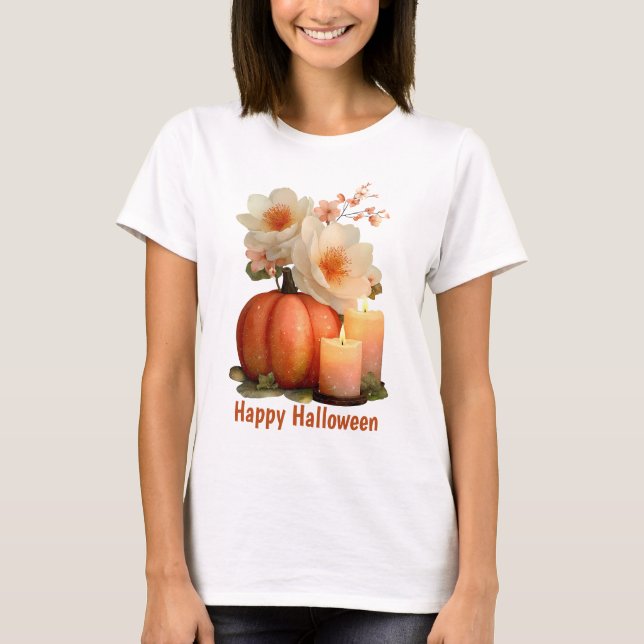 Elegant Pumpkin & Flowers Halloween T-Shirt (Front)