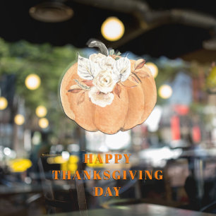 Elegant Pumpkin & Flowers Happy Thanksgiving Day Window Cling