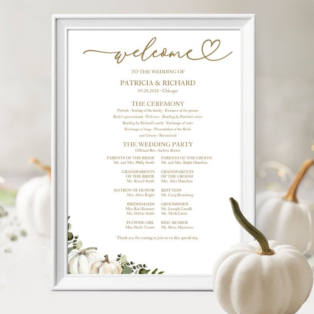Elegant Pumpkin Greenery Fall Wedding Program Sign (Creator Uploaded)
