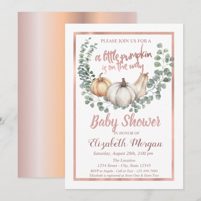 Elegant Pumpkin,Leaves,Frame Rose Gold Baby Shower Invitation (Front/Back)