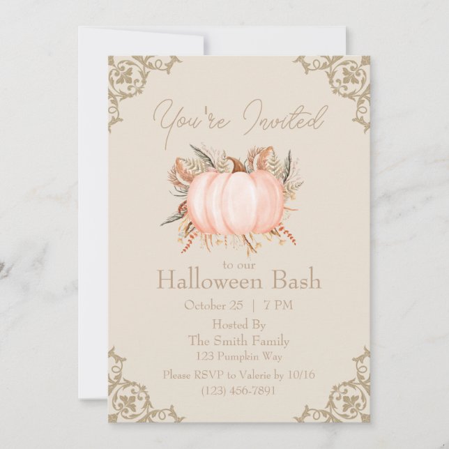 Elegant Pumpkin Neutral Tone Halloween Invitation (Front)