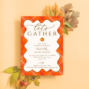 Elegant Pumpkin Orange Plaid Thanksgiving Dinner Invitation