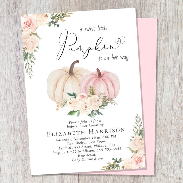 Elegant Pumpkin Pink Floral Baby Girl Shower Invitation (Celebrate the upcoming arrival of your sweet little autumn baby with a pumpkin-themed baby shower)