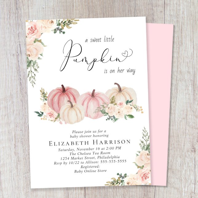 Elegant Pumpkin Pink Floral Baby Girl Shower Invitation (Celebrate the upcoming arrival of your sweet little autumn baby with a pumpkin-themed baby shower)