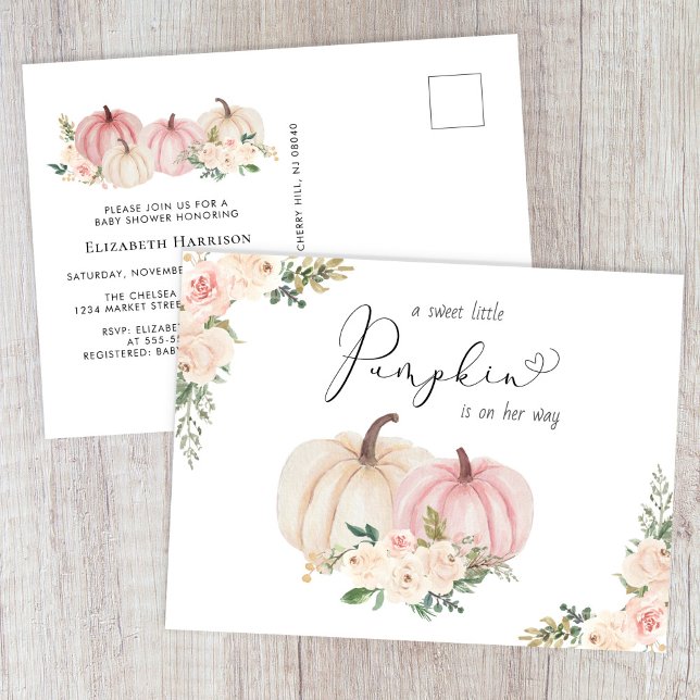 Elegant Pumpkin Pink Floral Baby Girl Shower Invitation Postcard (Creator Uploaded)