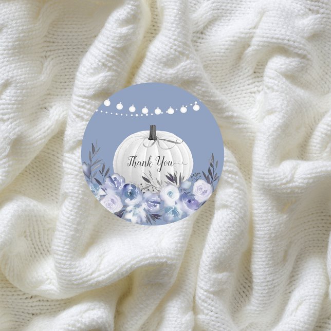 Elegant Pumpkin Thank You Dusty Blue Classic Round Sticker (Creator Uploaded)