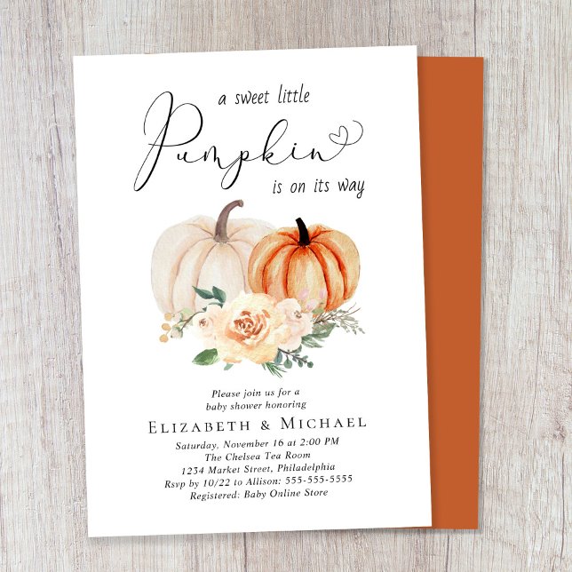 Elegant Pumpkin Watercolor Couples Baby Shower Invitation (Celebrate the upcoming arrival of your sweet autumn baby with a couple's pumpkin-themed baby shower)