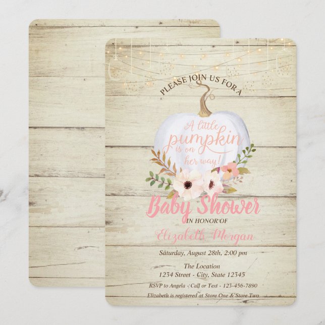 Elegant Pumpkin, Wood Texture,Floral Baby Shower Invitation (Front/Back)