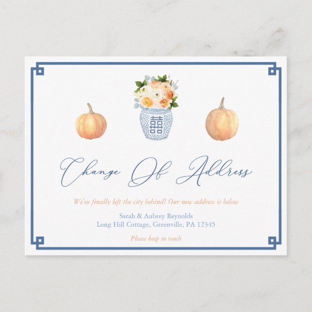 Elegant Pumpkins Autumn Flowers Change of Address Announcement Postcard (Front)