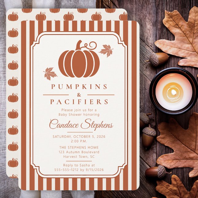 Elegant Pumpkins & Pacifiers Fall Baby Shower Invitation (Elegant pumpkin baby shower invitation with rust stripes and timeless autumn stationery styling.)
