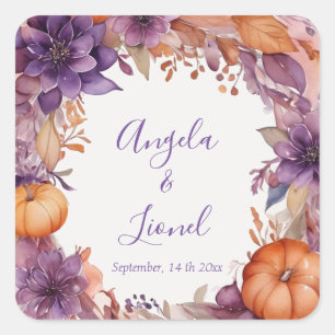 Elegant Pumpkins Purple Flowers Wedding Square Sticker