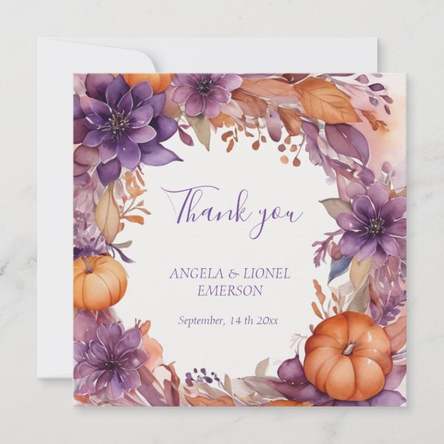 Elegant Pumpkins Purple Flowers Wedding Thank You Card (Front)