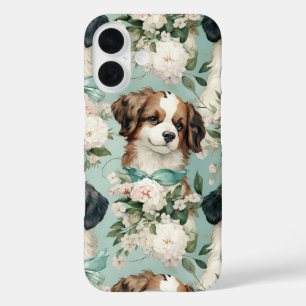 Elegant Puppy and Floral Print iPhone 16 Case