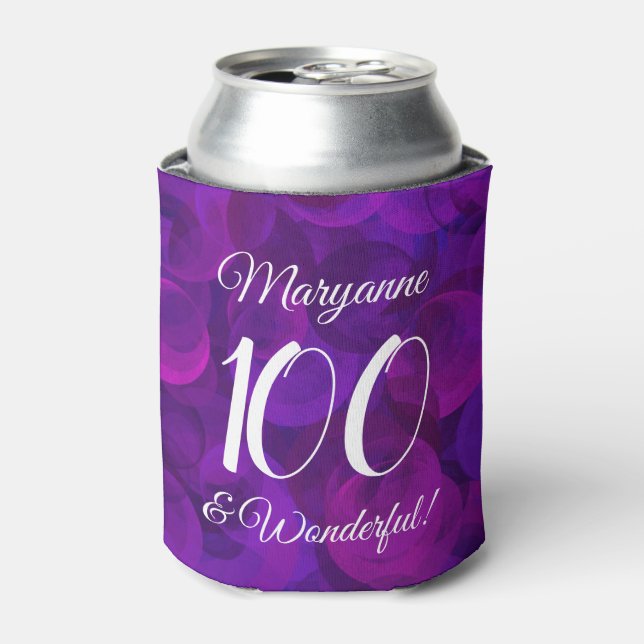 Elegant Purple 100 and Wonderful Birthday Party Can Cooler (Can Front)