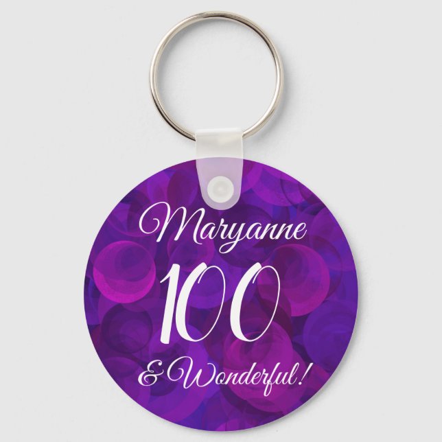 Elegant Purple 100 and Wonderful Birthday Party Key Ring (Front)