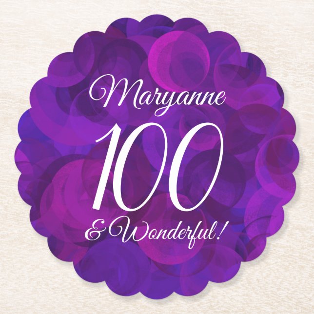 Elegant Purple 100 and Wonderful Birthday Party Paper Coaster (Front)