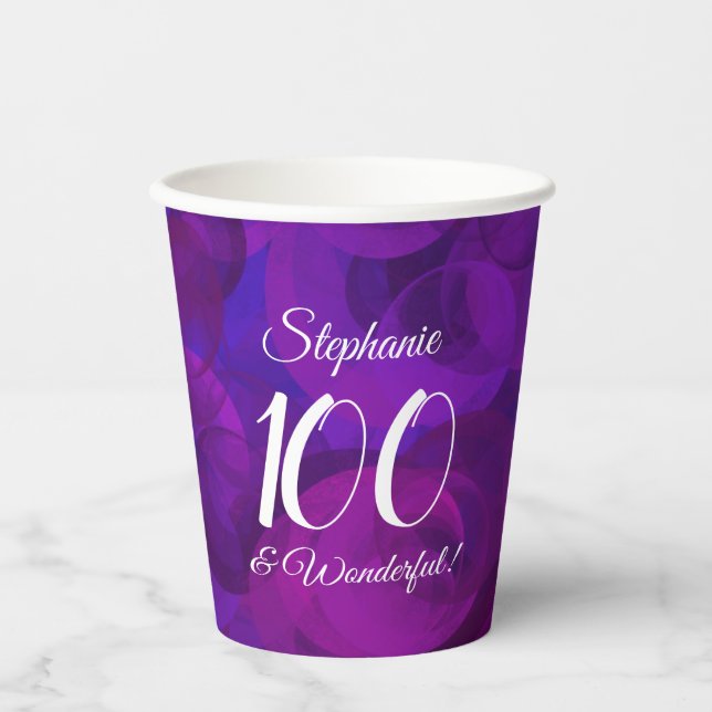 Elegant Purple 100 and Wonderful Birthday Party Paper Cups (Front)