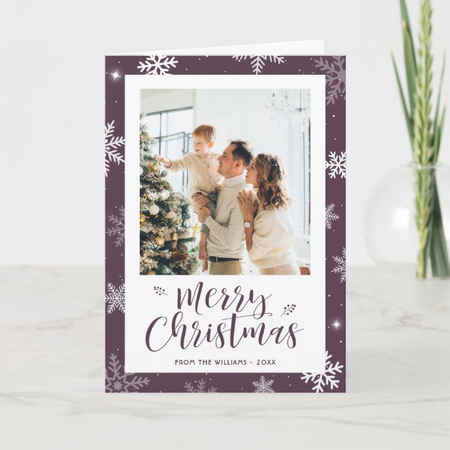 Elegant Purple 2 Photo Snowflake Christmas  Holiday Card (Front)