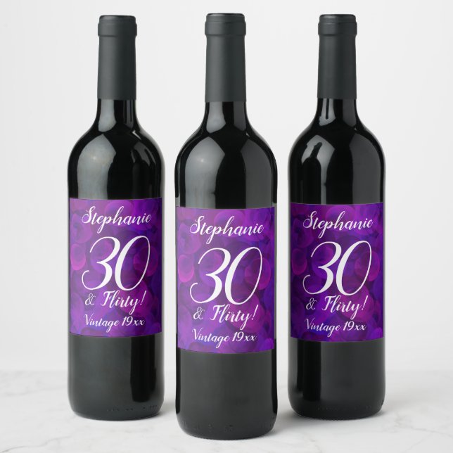 Elegant Purple 30 and Flirty Birthday Personalised Wine Label (Bottles)
