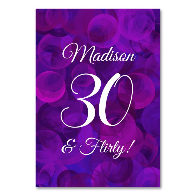 Elegant Purple 30 & Flirty Birthday Party Table Number (Front)