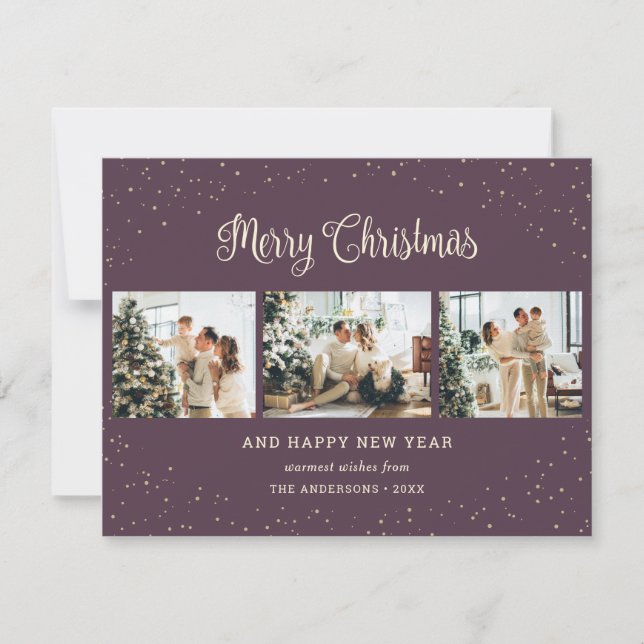 Elegant Purple 3 Photo Merry Christmas Cards (Front)