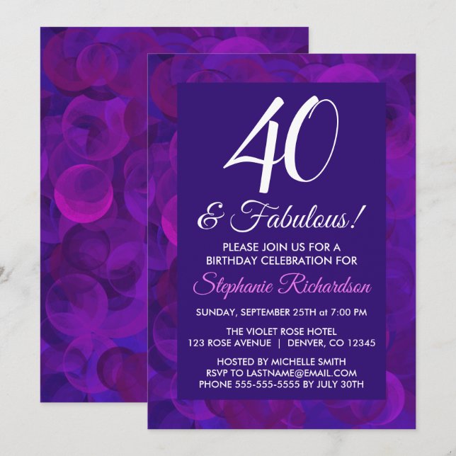 Elegant Purple 40 & Fabulous Birthday Party Invitation (Front/Back)