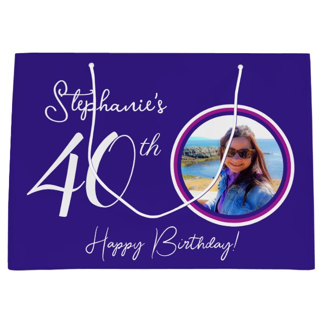 Elegant Purple 40th Birthday Photo Large Gift Bag (Front)
