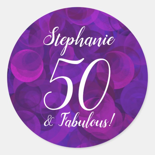 Elegant Purple 50 and Fabulous Birthday Favour Classic Round Sticker (Front)