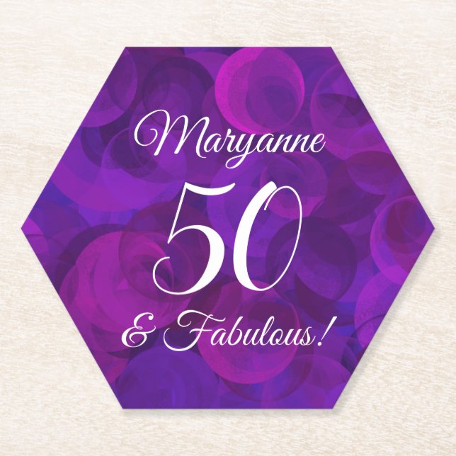 Elegant Purple 50 and Fabulous Birthday Party Paper Coaster (Front)