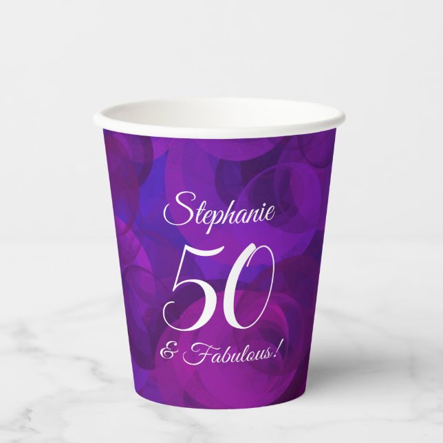 Elegant Purple 50 and Fabulous Birthday Party Paper Cups (Front)