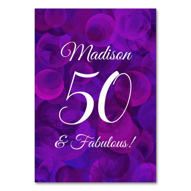 Elegant Purple 50 and Fabulous Birthday Party Table Number (Front)