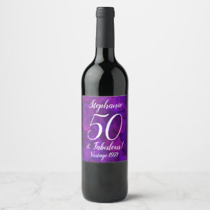 Elegant Purple 50 and Fabulous Year Personalised Wine Label