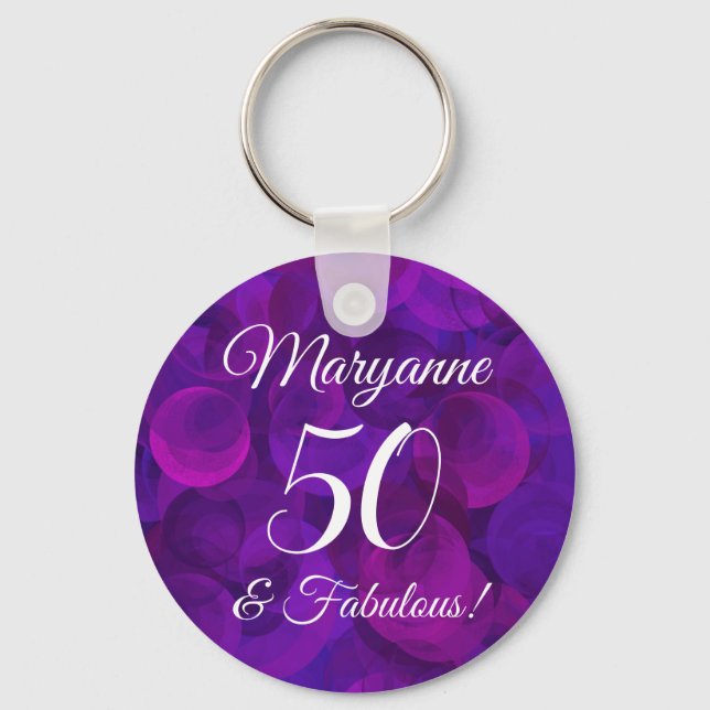 Elegant Purple 50 & Fabulous Birthday Party Favour Key Ring (Front)
