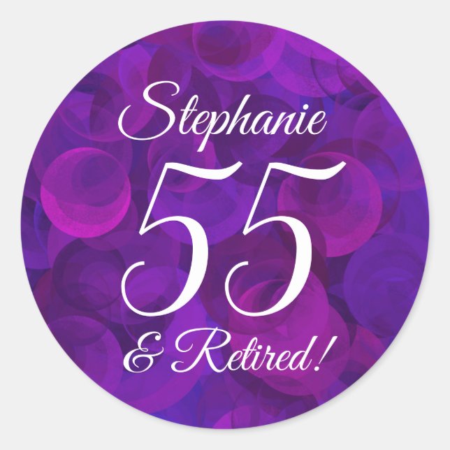 Elegant Purple 55 and Retired Retirement Favour Classic Round Sticker (Front)