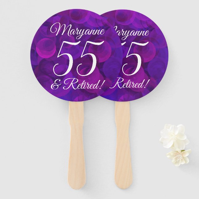 Elegant Purple 55 and Retired Retirement Party Hand Fan (Front and Back)