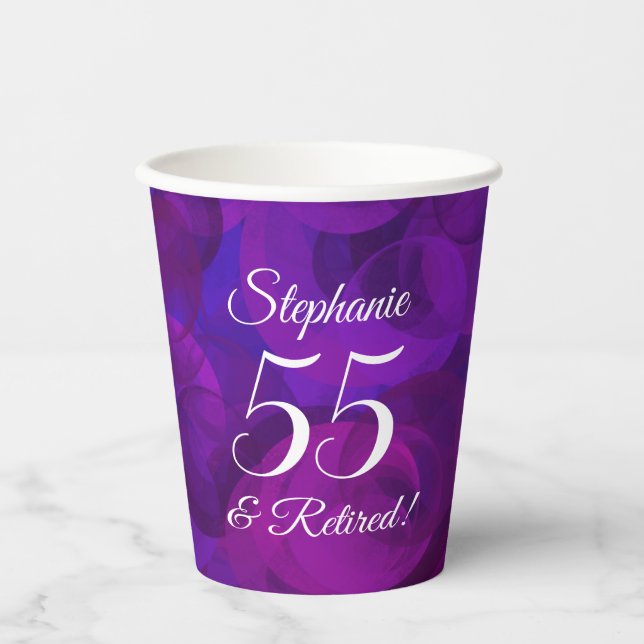 Elegant Purple 55 and Retired Retirement Party Paper Cups (Front)