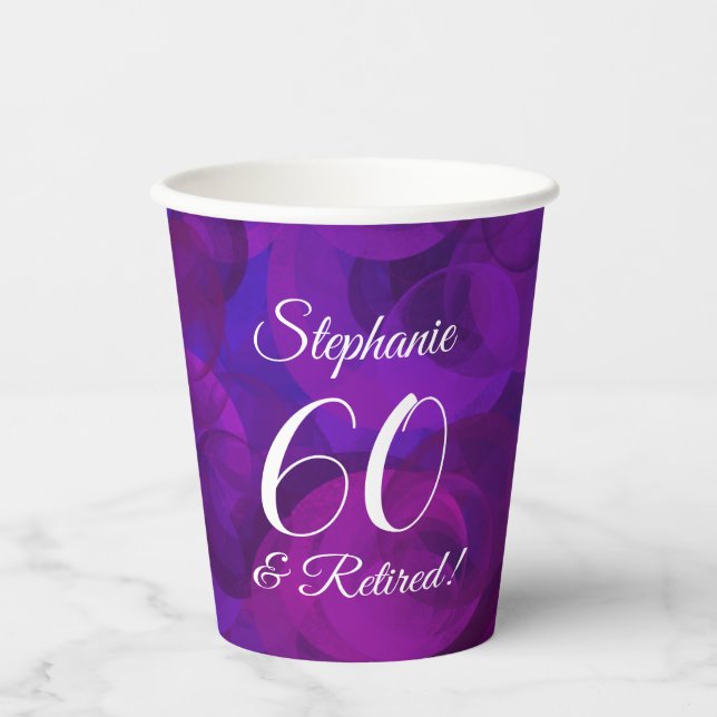 Elegant Purple 60 and Retired Retirement Party Paper Cups (Front)
