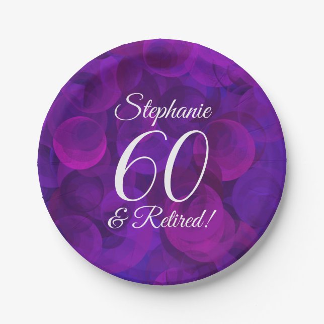 Elegant Purple 60 and Retired Retirement Party Paper Plate (Front)