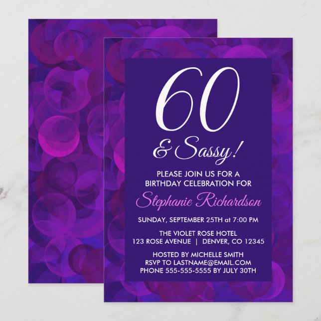 Elegant Purple 60 and Sassy Birthday Party Invitation (Front/Back)