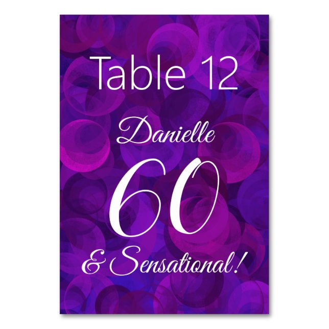 Elegant Purple 60 and Sensational Birthday Party Table Number (Front)