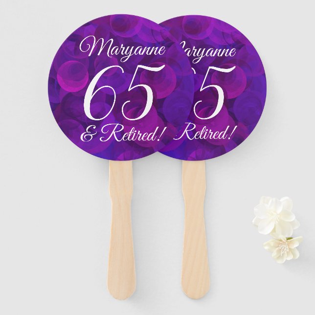 Elegant Purple 65 and Retired Retirement Party Hand Fan (Front and Back)