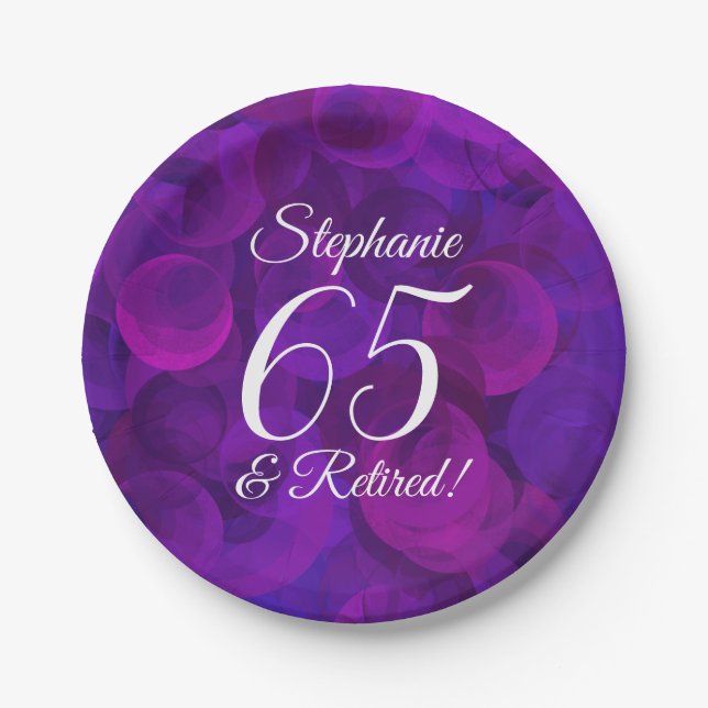 Elegant Purple 65 and Retired Retirement Party Paper Plate (Front)